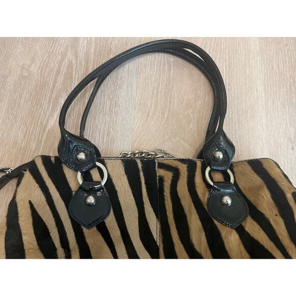 Roberta Gandolfi Leather Bag Patent Zippered Large Zebra Hair Purse Black Brown - Picture 9 of 11